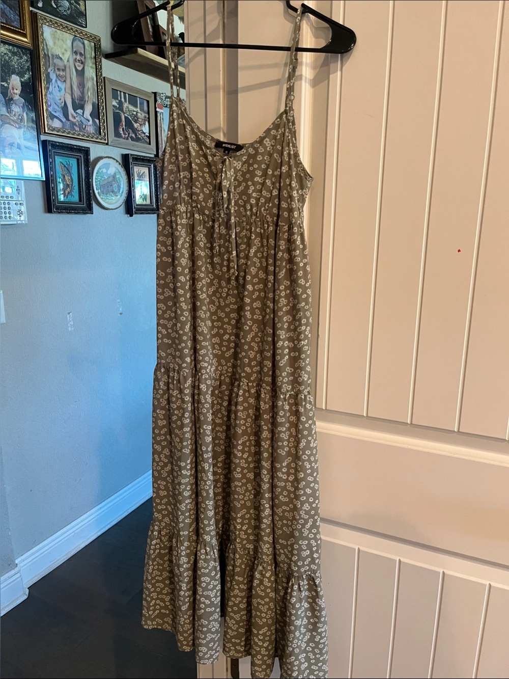 Wishlist Olive Green Floral Tiered Maxi Dress with White Print